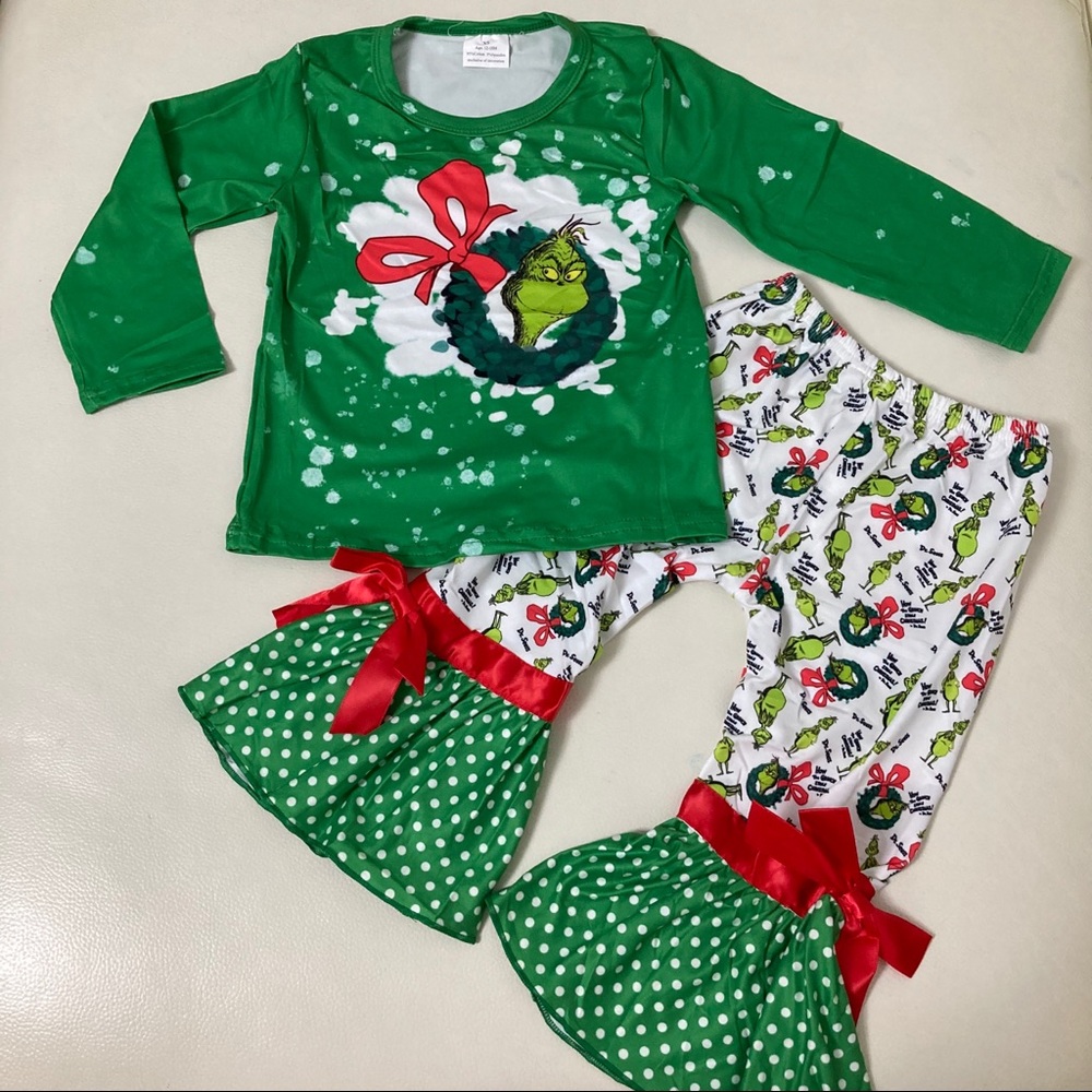 Boutique Christmas 🎄 Grinch cute bow pants long sleeve top set - Picture 2 of 7